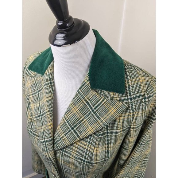 Vtg 60s Green Yellow Scottish Plaid Wool Blazer Skirt Suit Set Velvet Collar - Picture 4 of 9